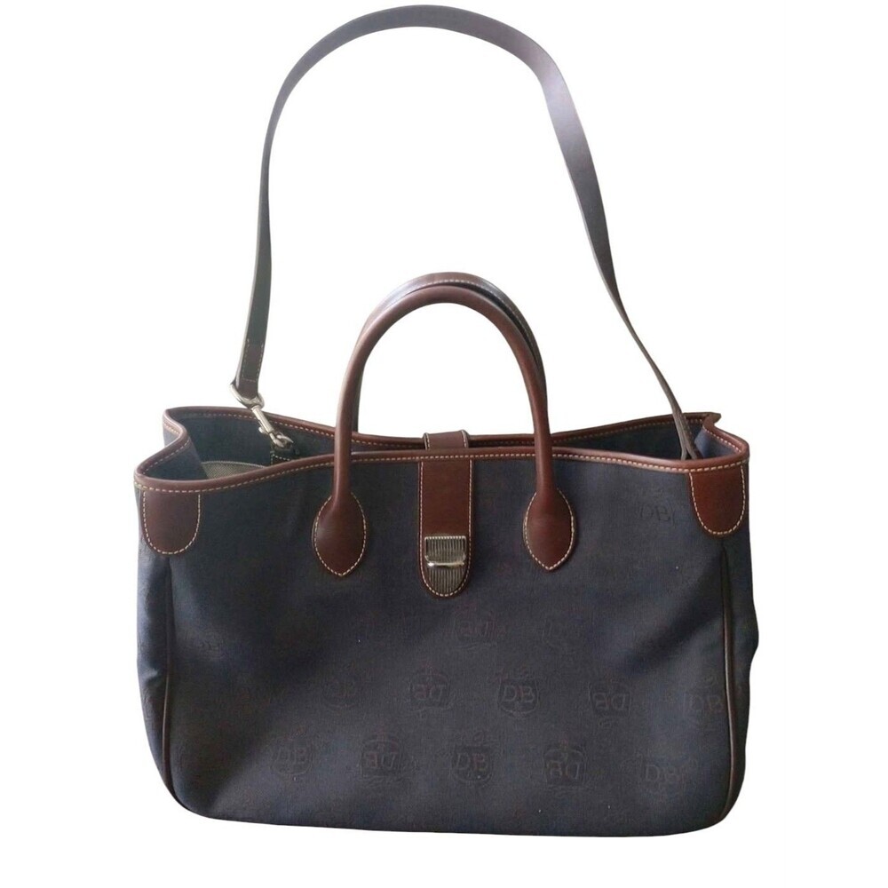 Dooney & Bourke Monogram Canvas Double Handle Tote Bag Navy Blue Brown Leather